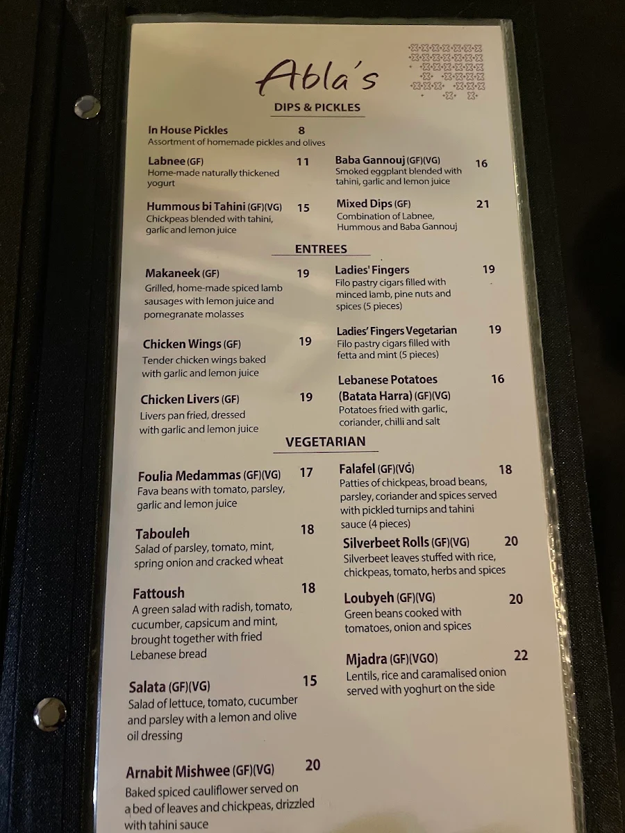 Menu, Abla's