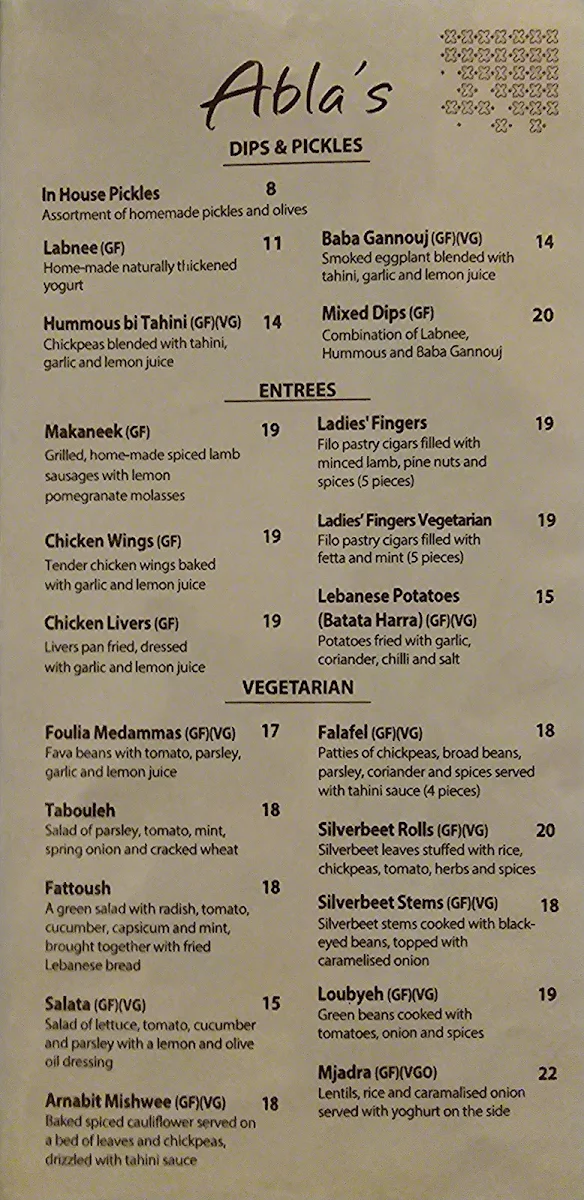 Menu, Abla's