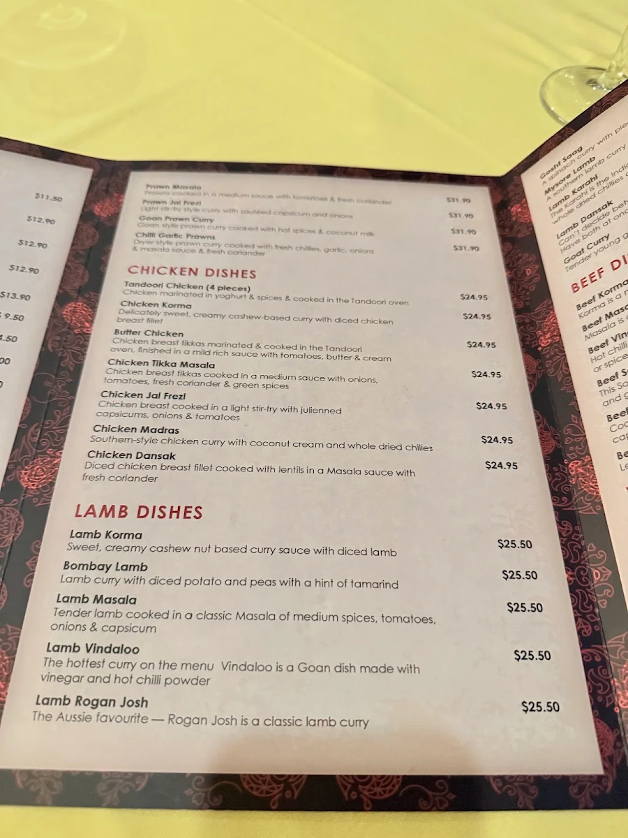 Menu, Maharaja Indian Bistro
