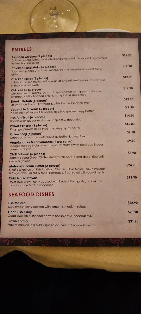 Menu, Maharaja Indian Bistro