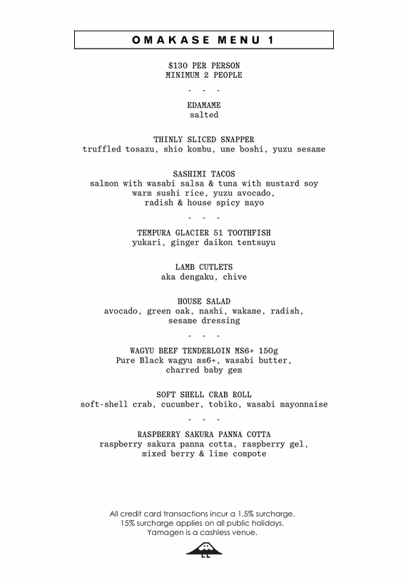 Menu, Yamagen Melbourne