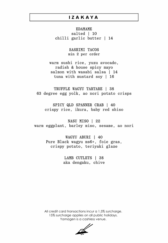 Menu, Yamagen Melbourne