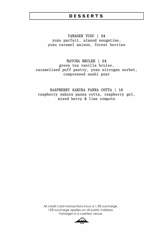 Menu, Yamagen Melbourne