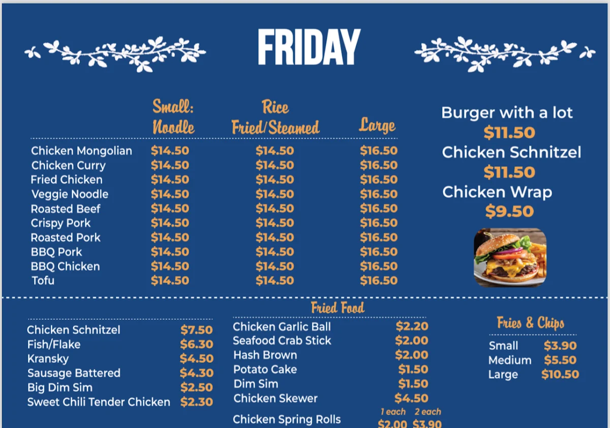 Menu, Cafe 162