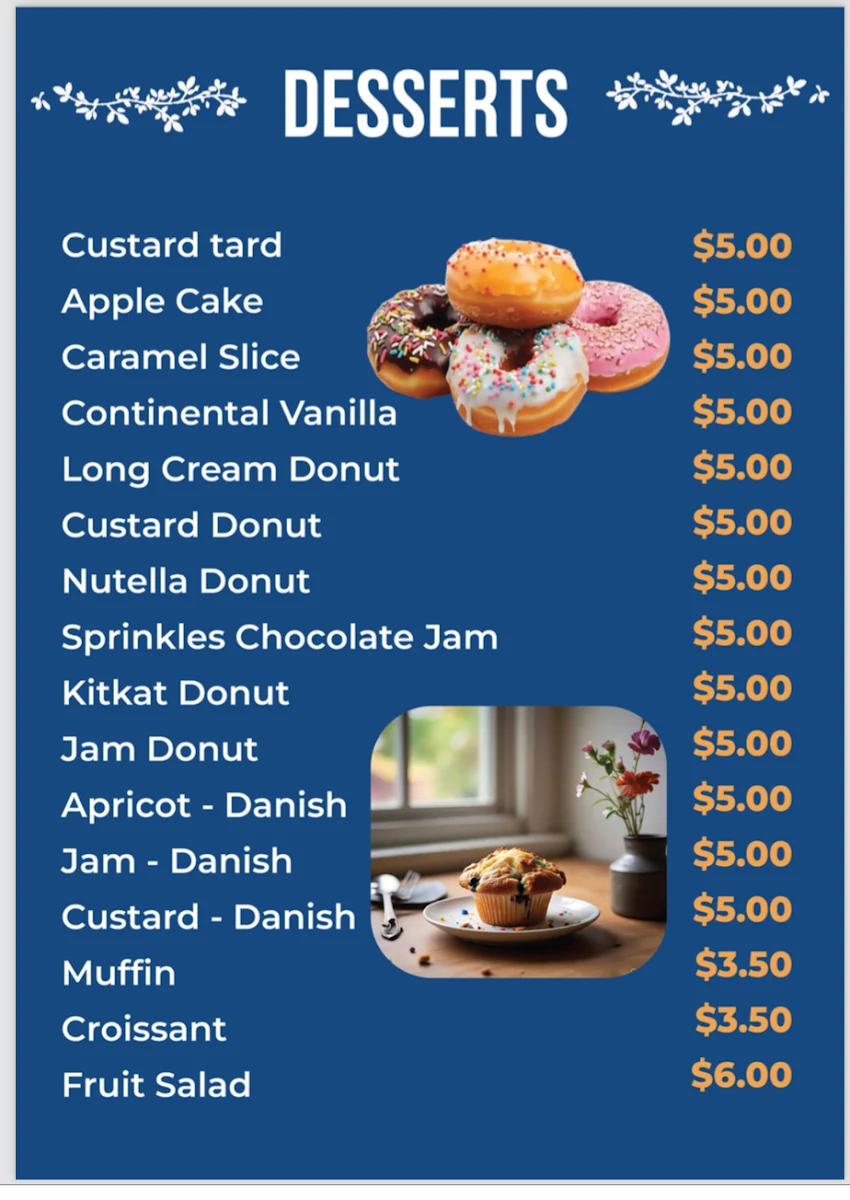 Menu, Cafe 162