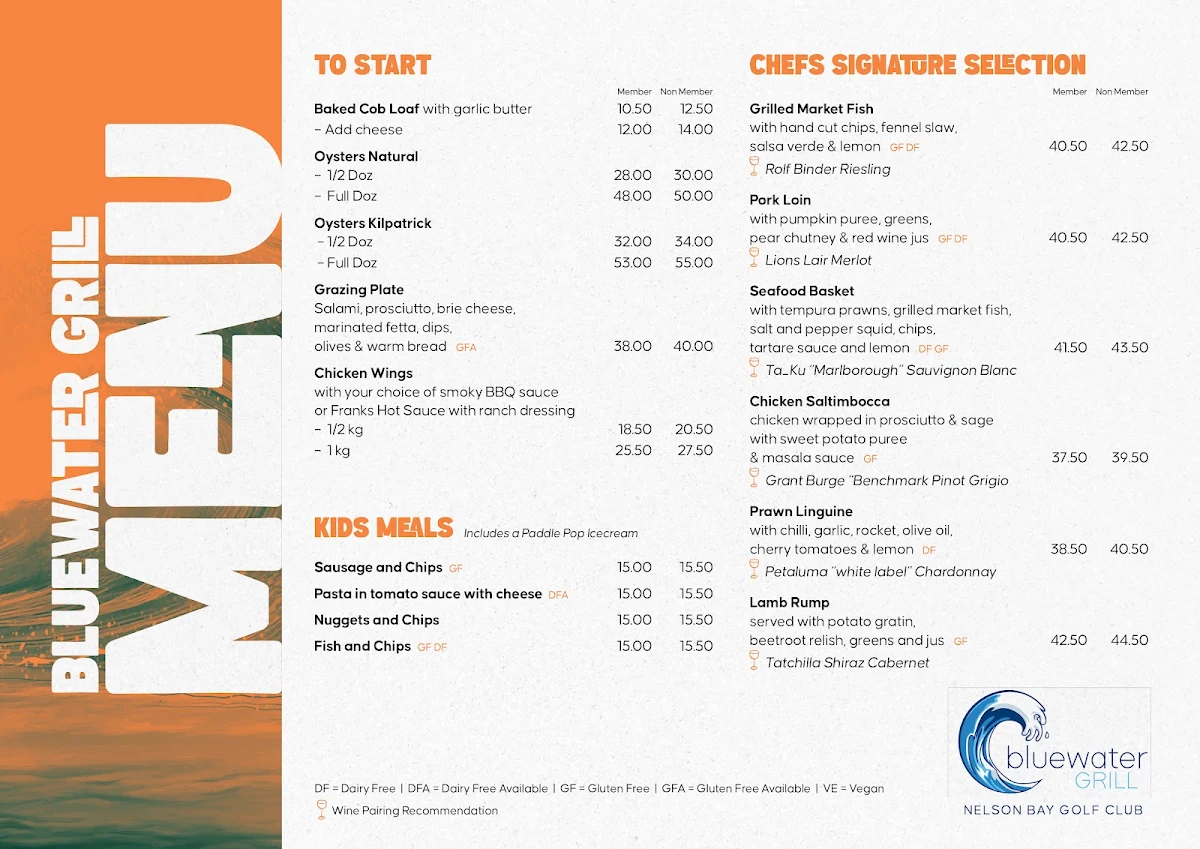 Menu, Bluewater Grill