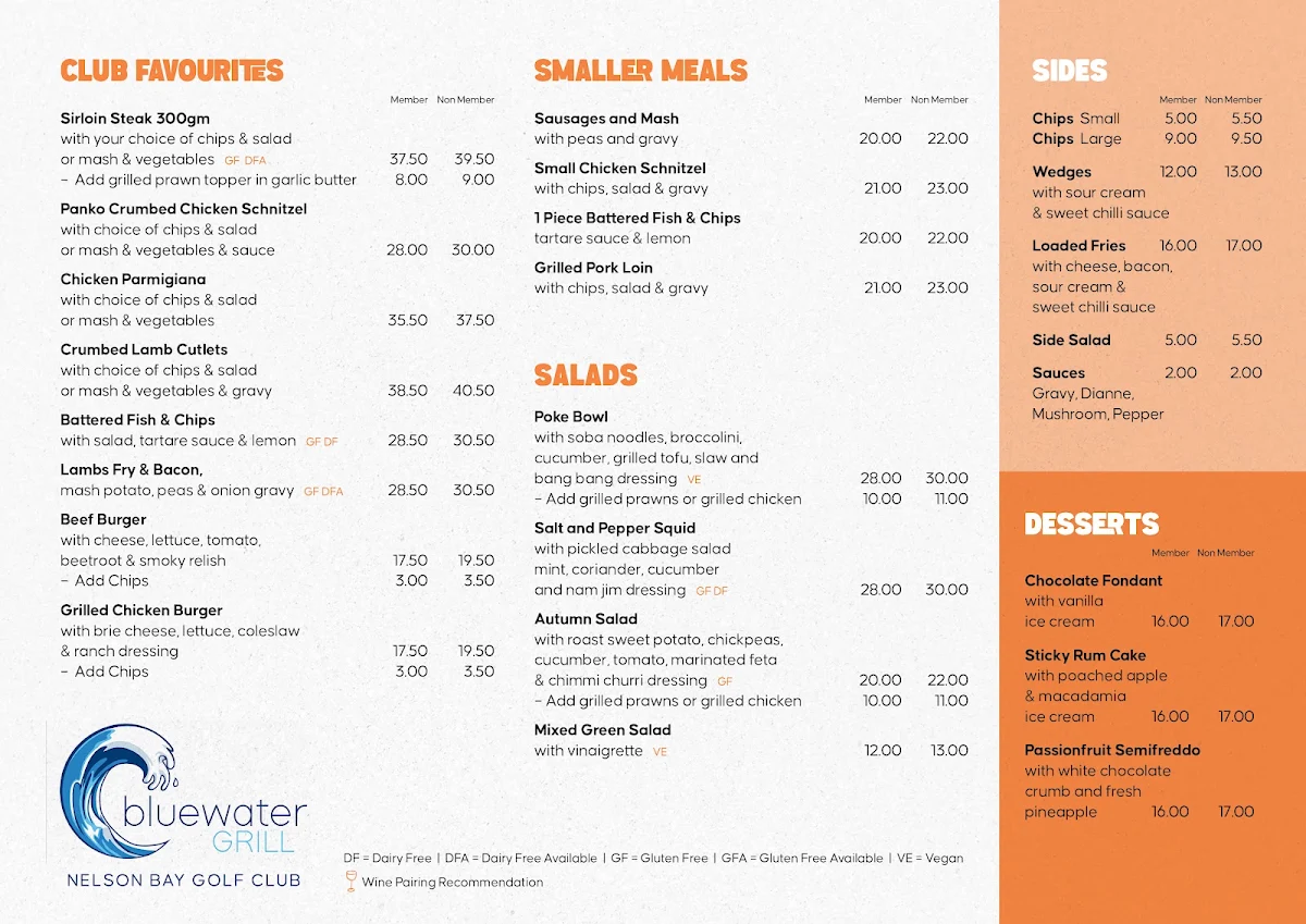 Menu, Bluewater Grill