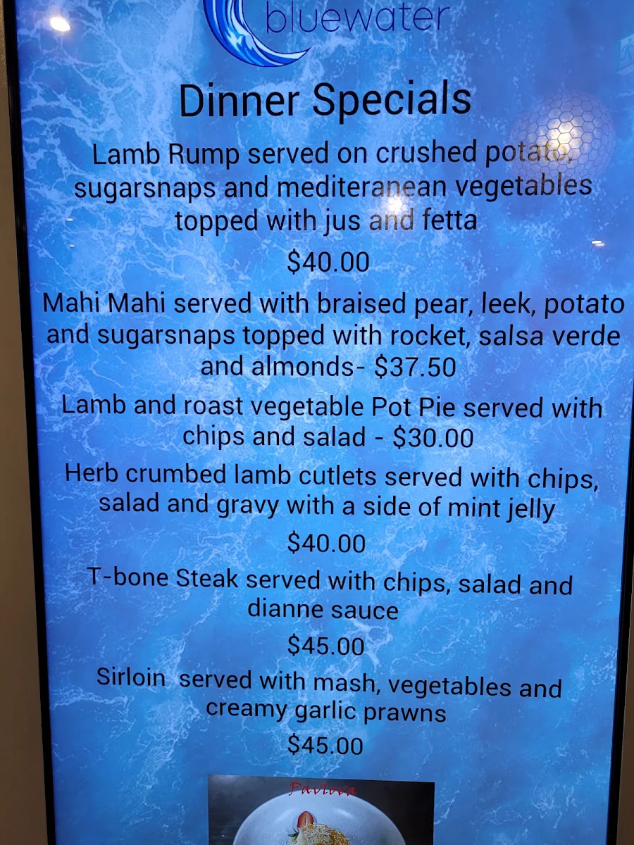 Menu, Bluewater Grill