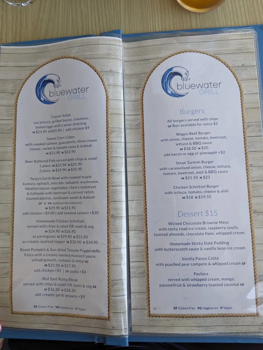 Menu, Bluewater Grill
