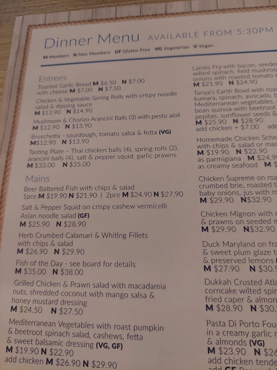 Menu, Bluewater Grill