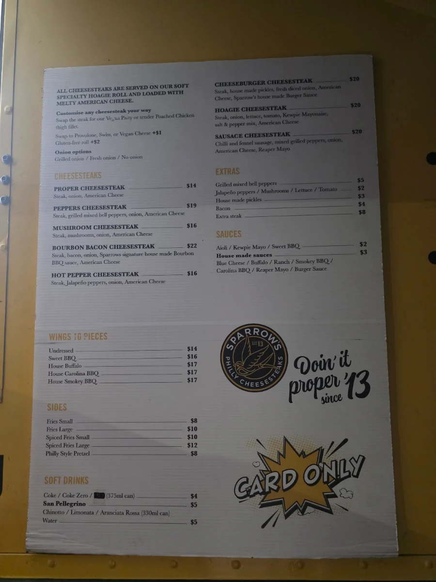 Menu, Sparrows Philly Cheesesteaks