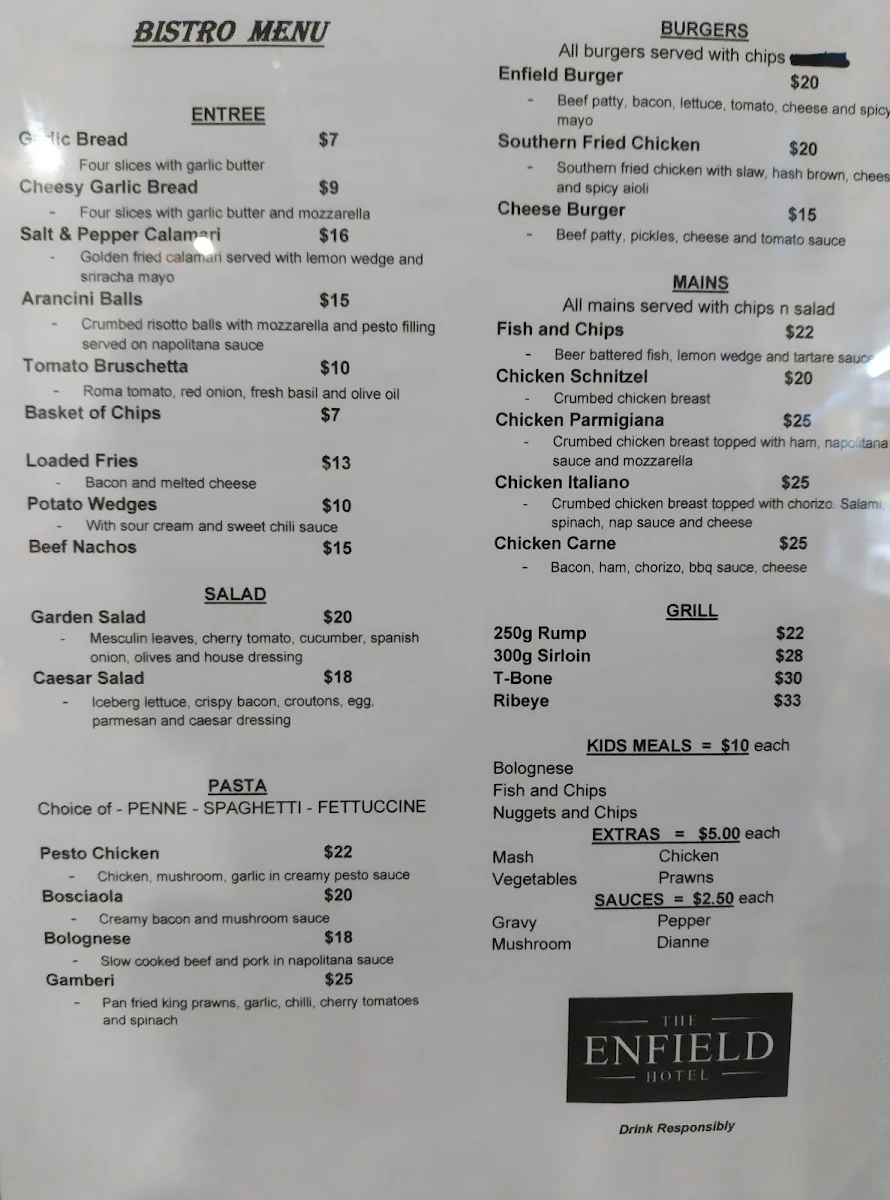 Menu, The Enfield Hotel