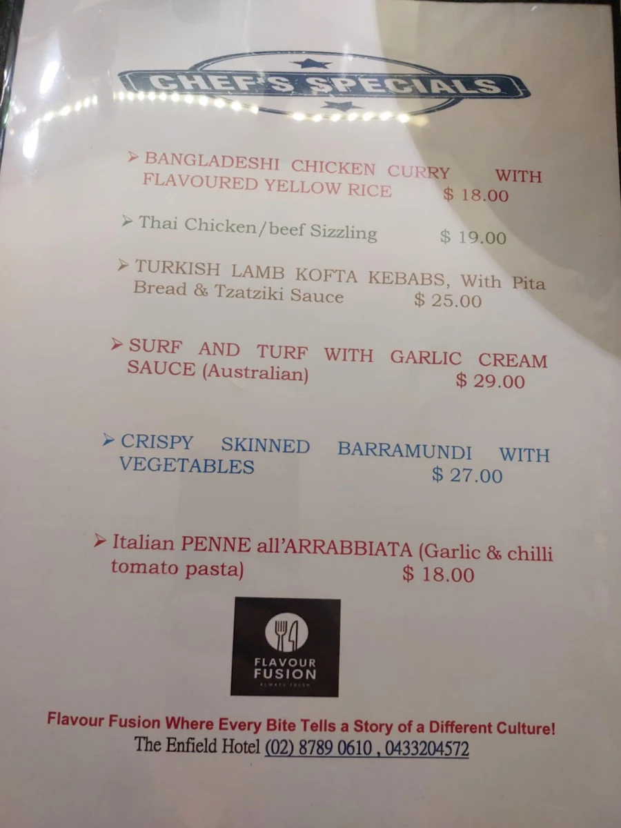 Menu, The Enfield Hotel