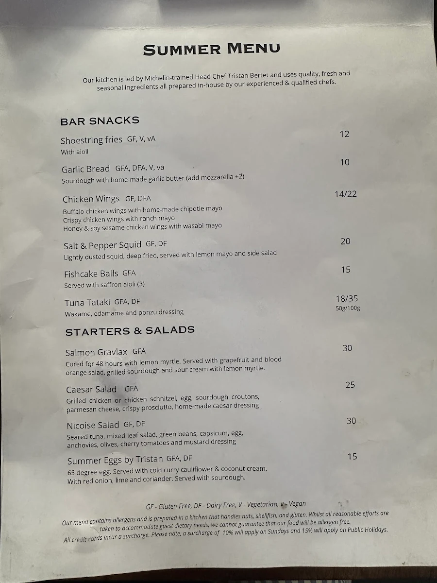 Menu, East Village Hotel Balmain