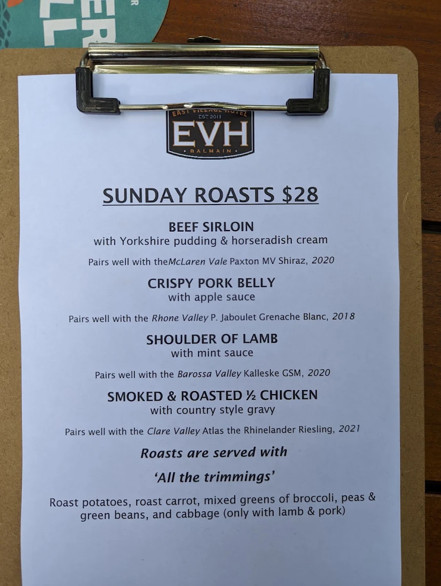 Menu, East Village Hotel Balmain