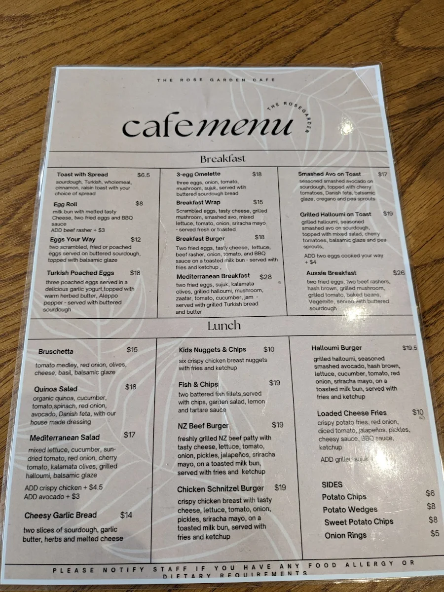 Menu, The Rose Garden