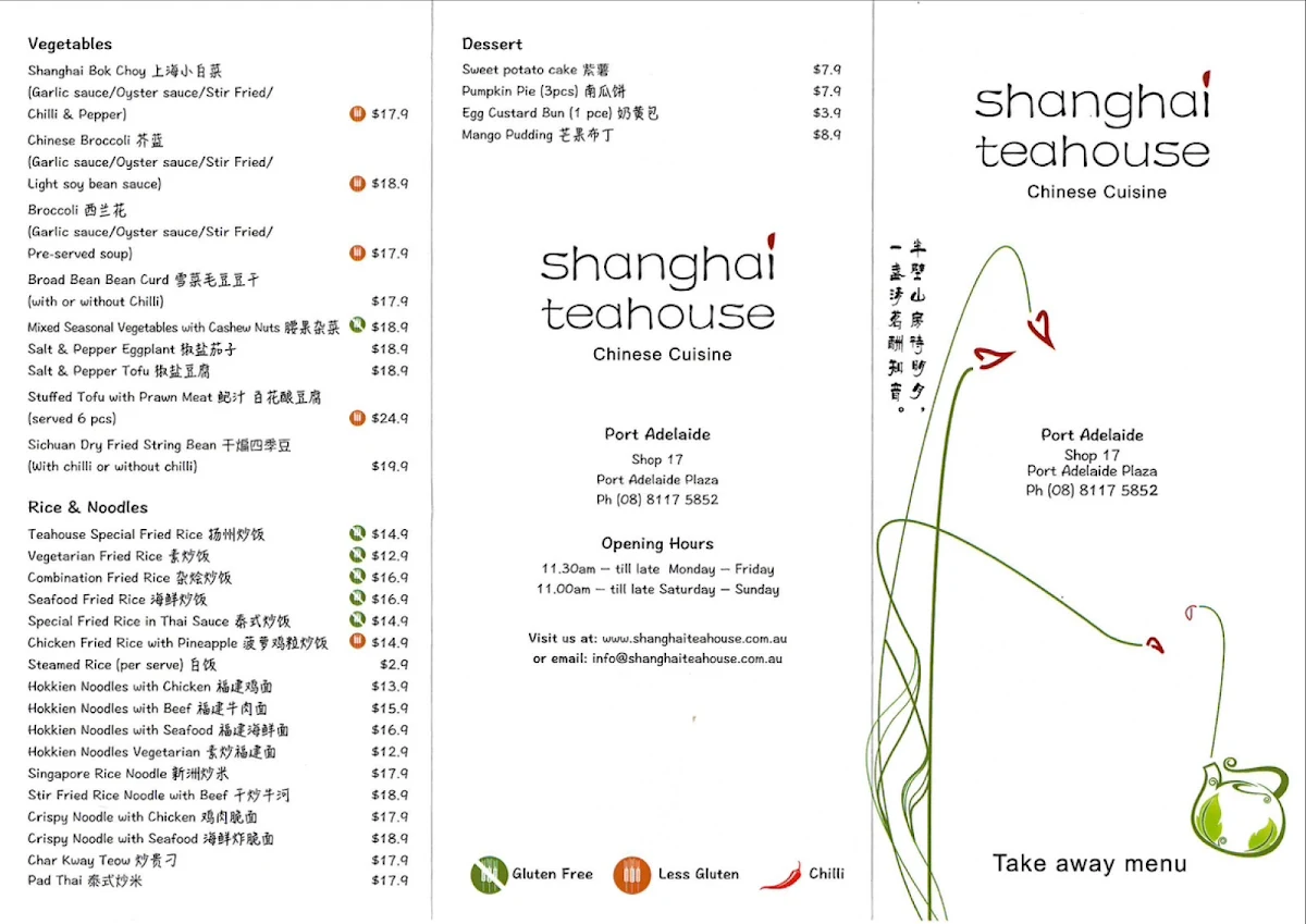Menu, Shanghai Teahouse- Port Adelaide