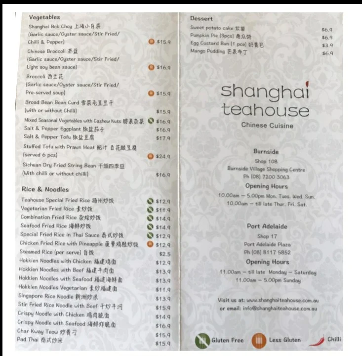Menu, Shanghai Teahouse- Port Adelaide