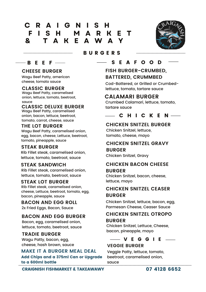 Menu, Craignish Fish Market & Takeaway