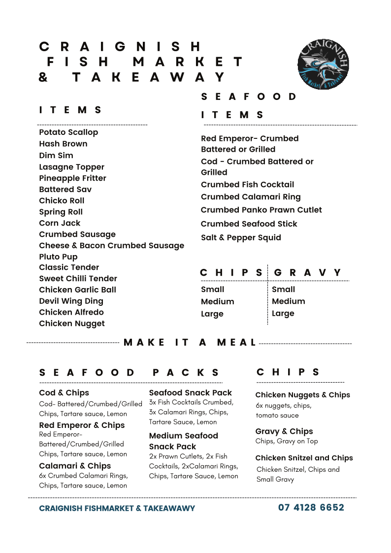 Menu, Craignish Fish Market & Takeaway