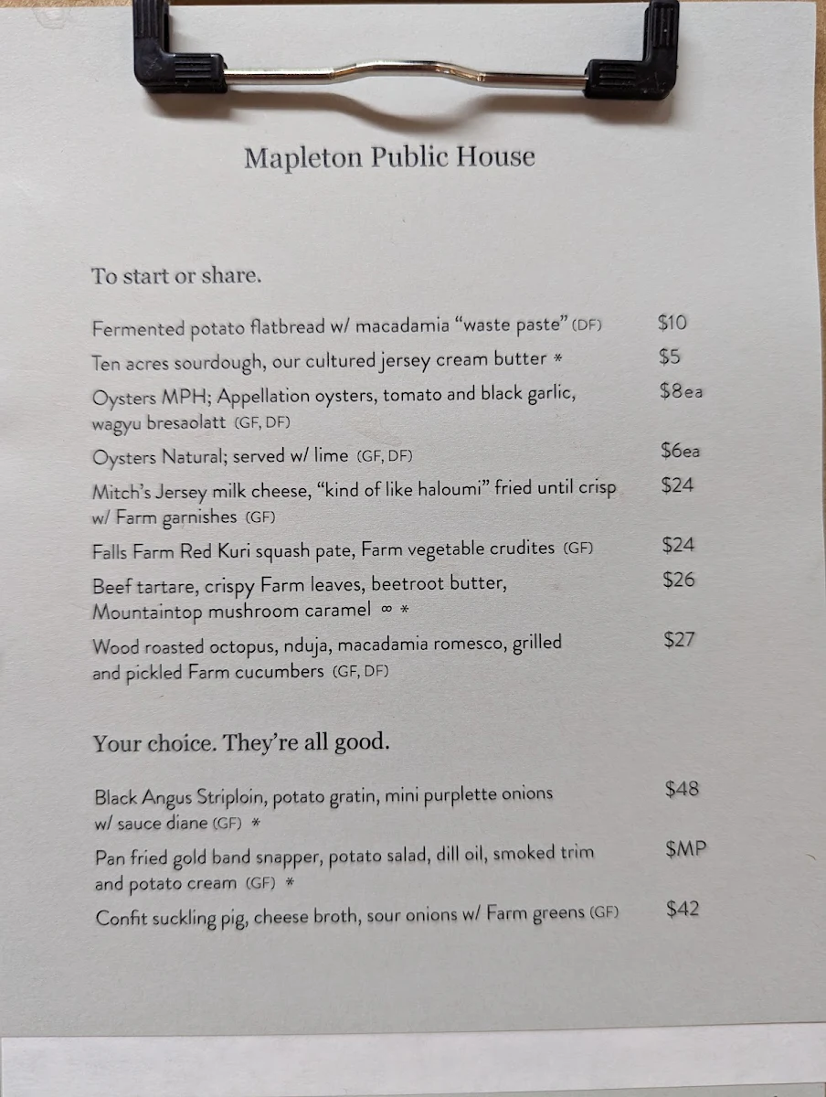 Menu, Mapleton Public House