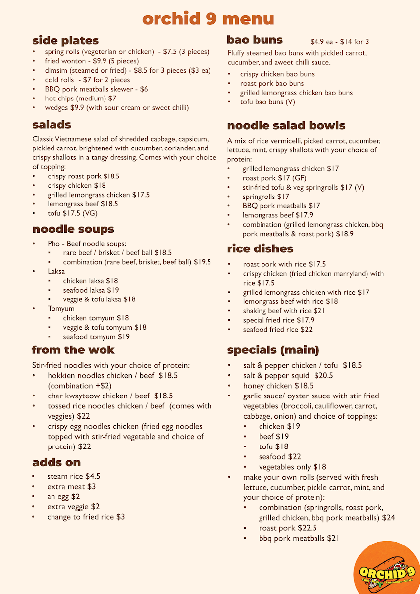 Menu, Orchid 9 Cafe