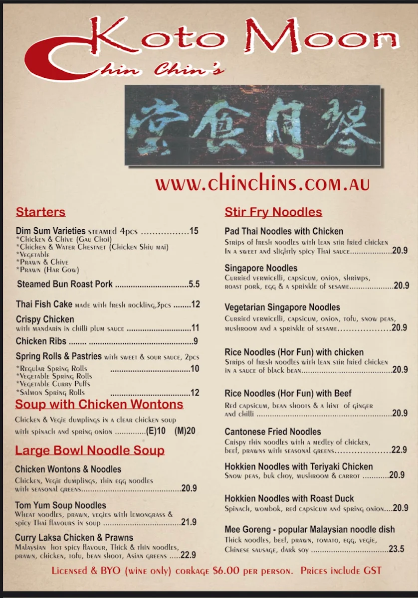 Menu, Chin Chin's at Koto Moon