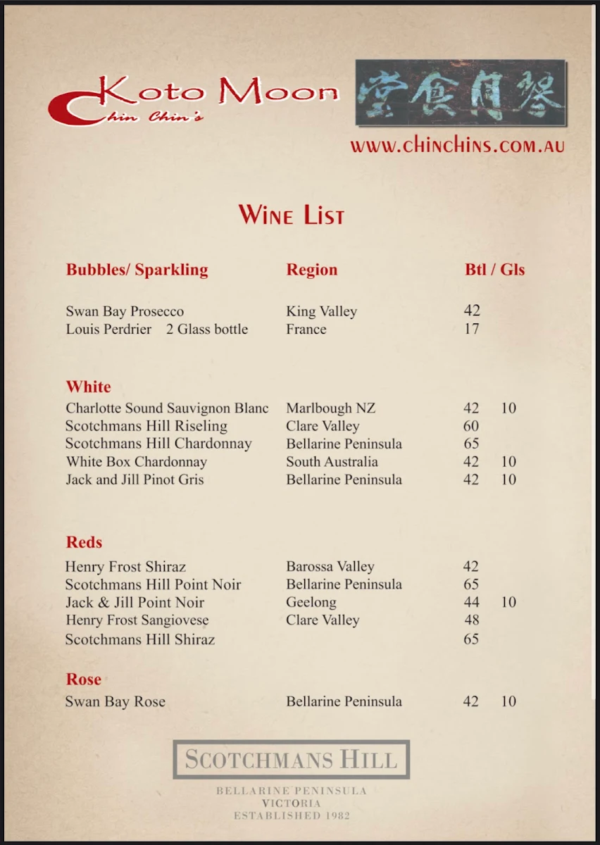 Menu, Chin Chin's at Koto Moon