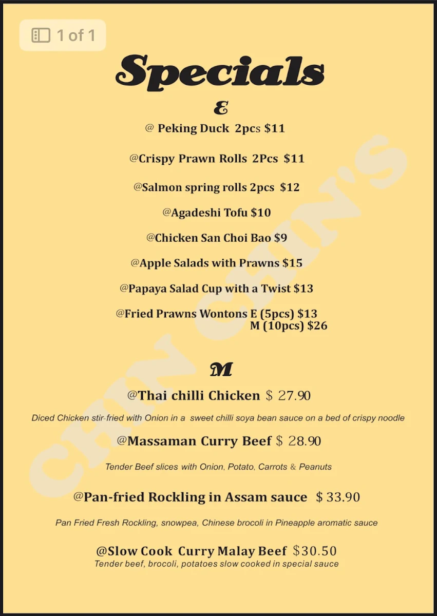 Menu, Chin Chin's at Koto Moon