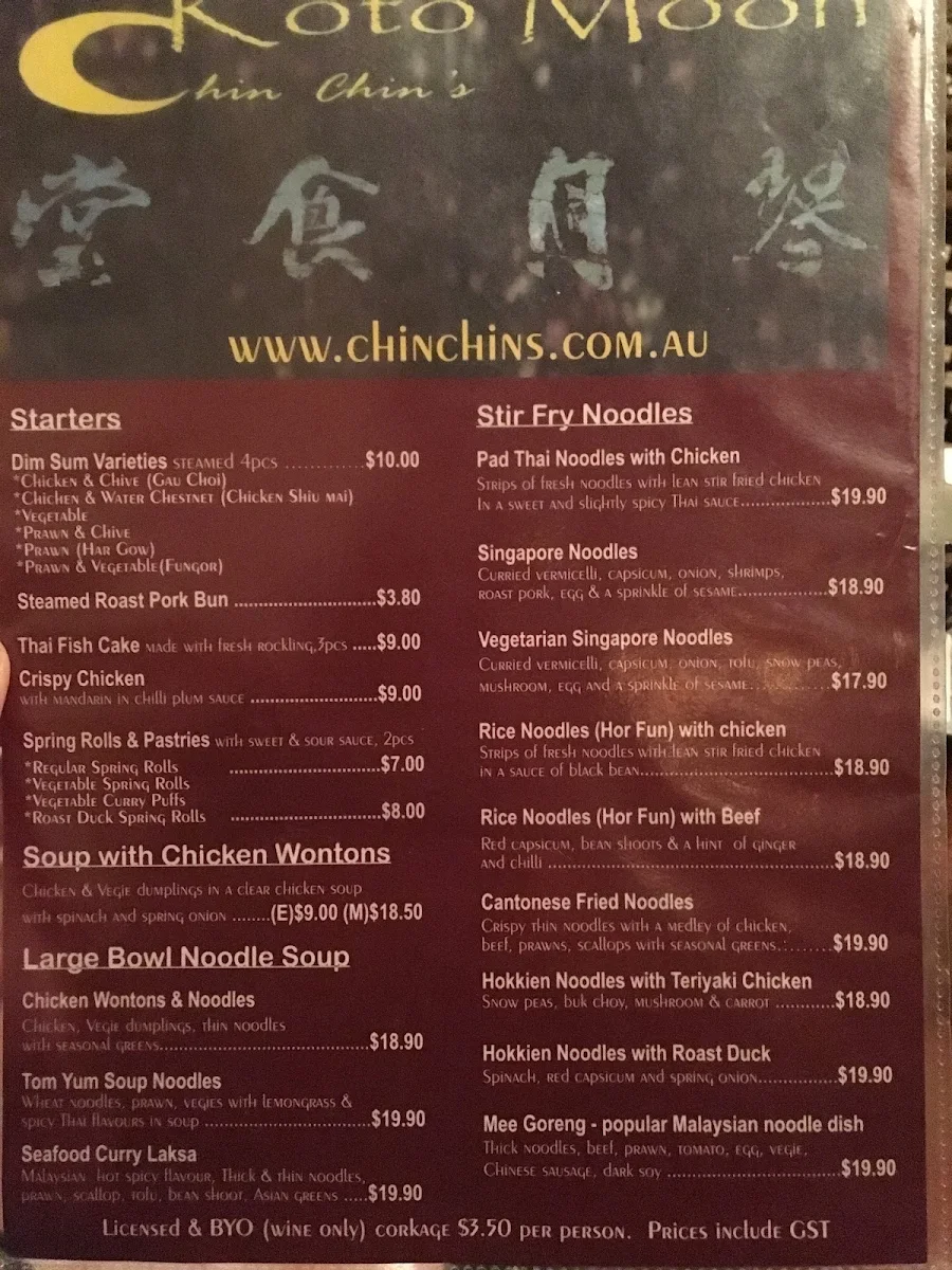 Menu, Chin Chin's at Koto Moon