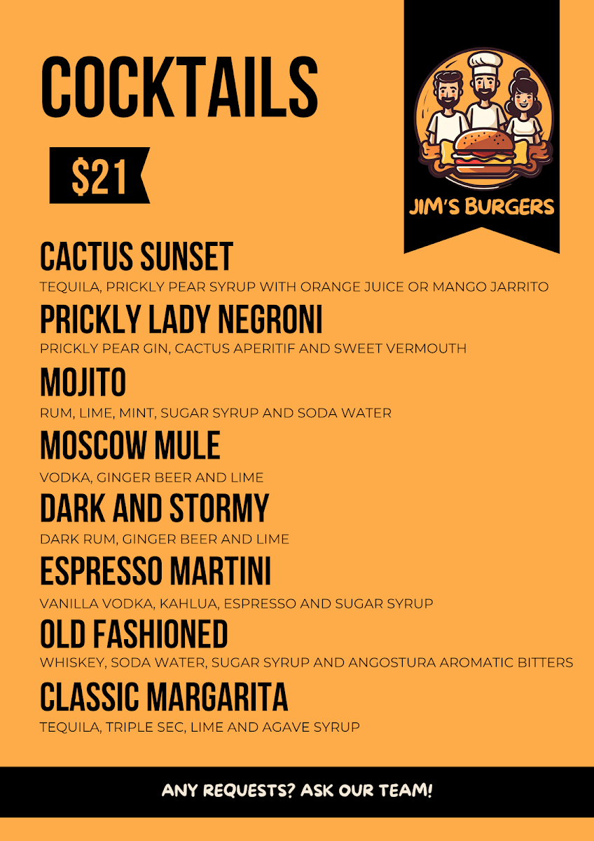 Menu, Jim's Burgers