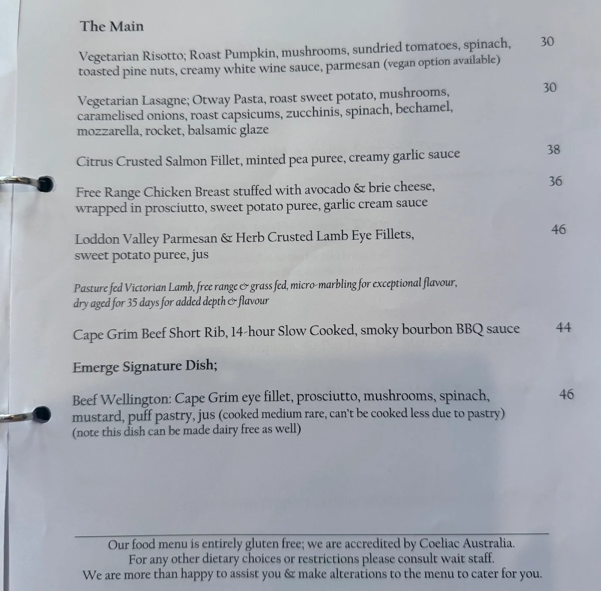 Menu, EMERGE STEAKHOUSE