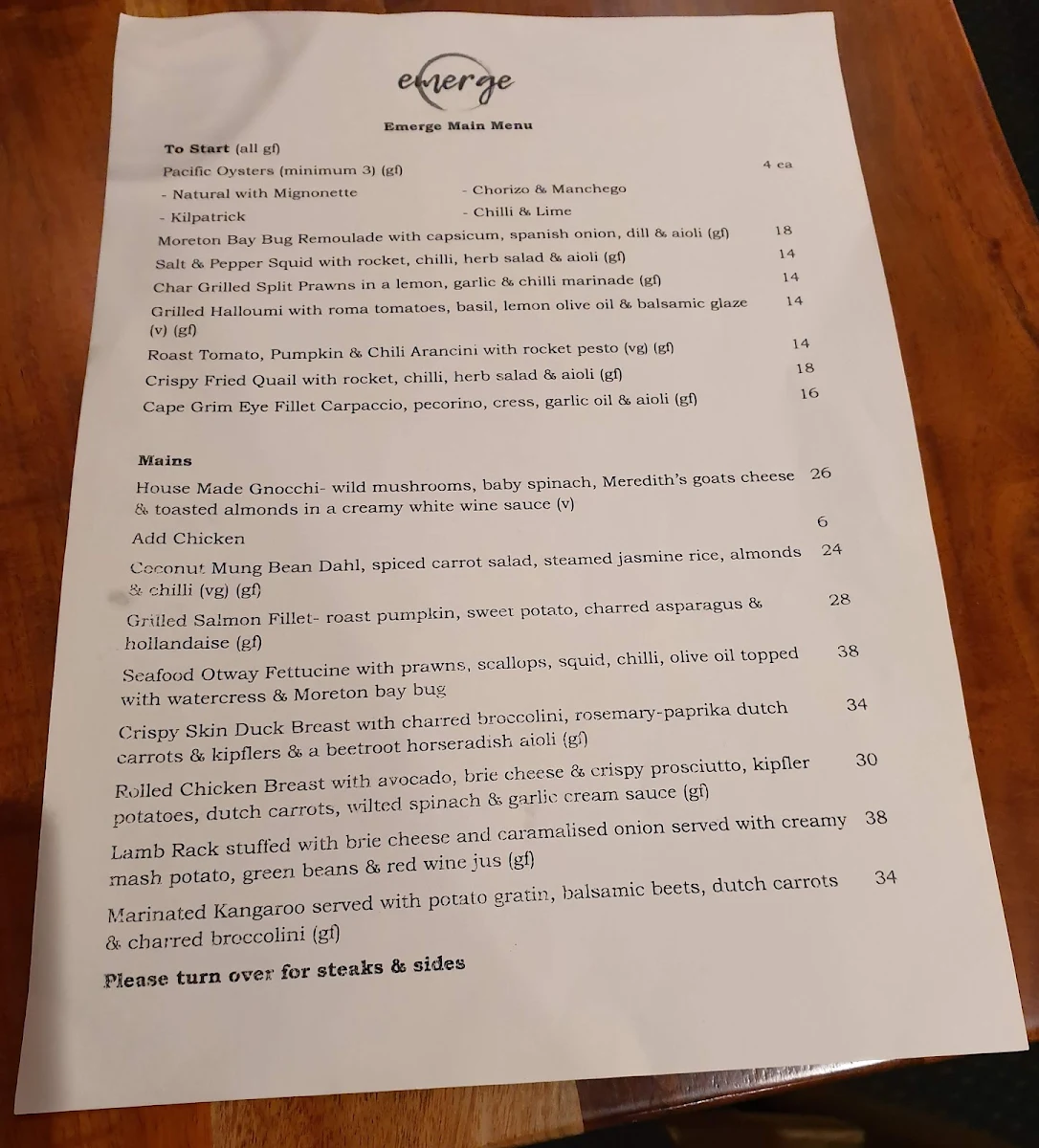 Menu, EMERGE STEAKHOUSE