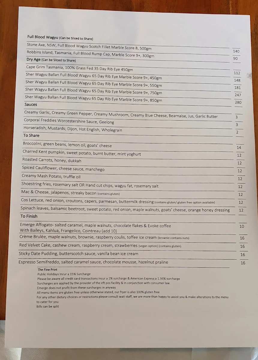 Menu, EMERGE STEAKHOUSE