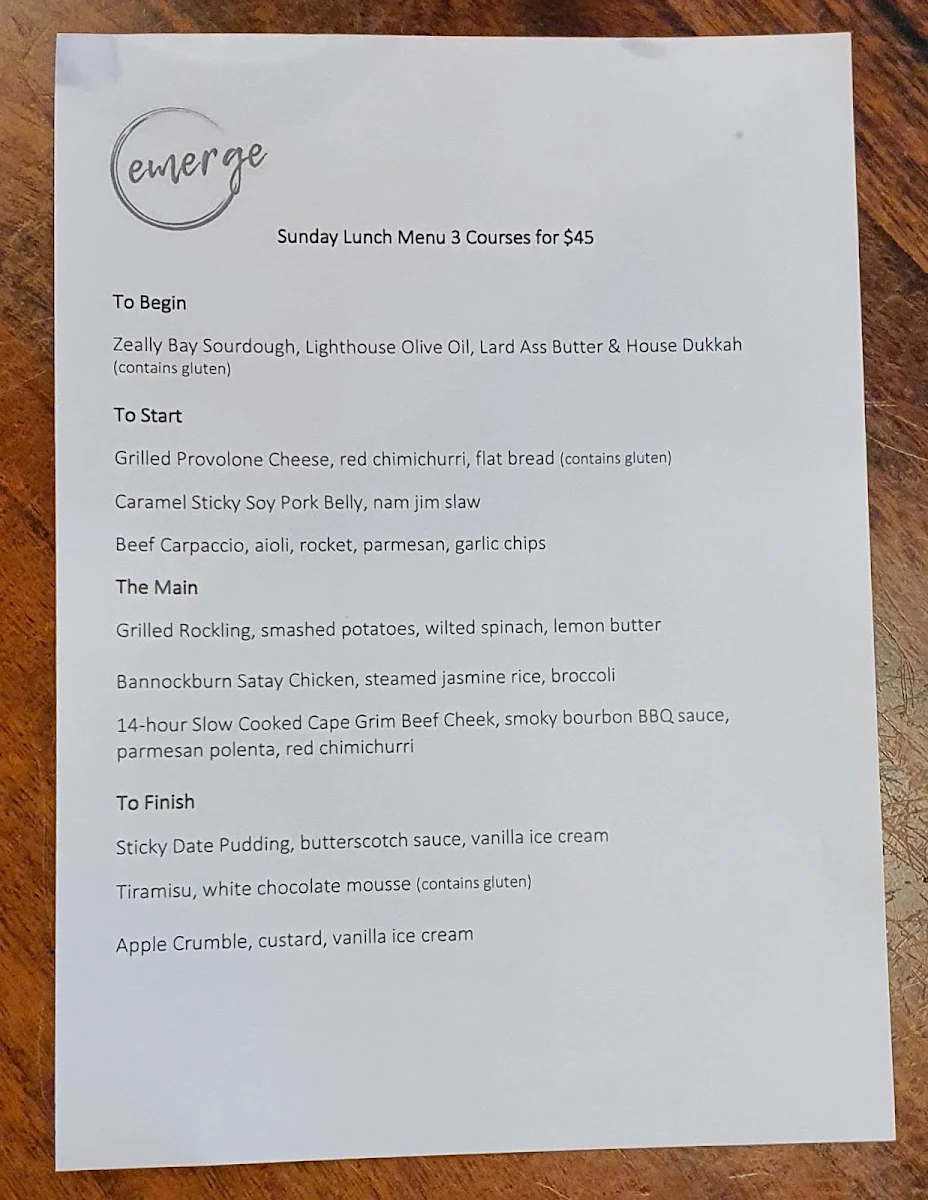 Menu, EMERGE STEAKHOUSE