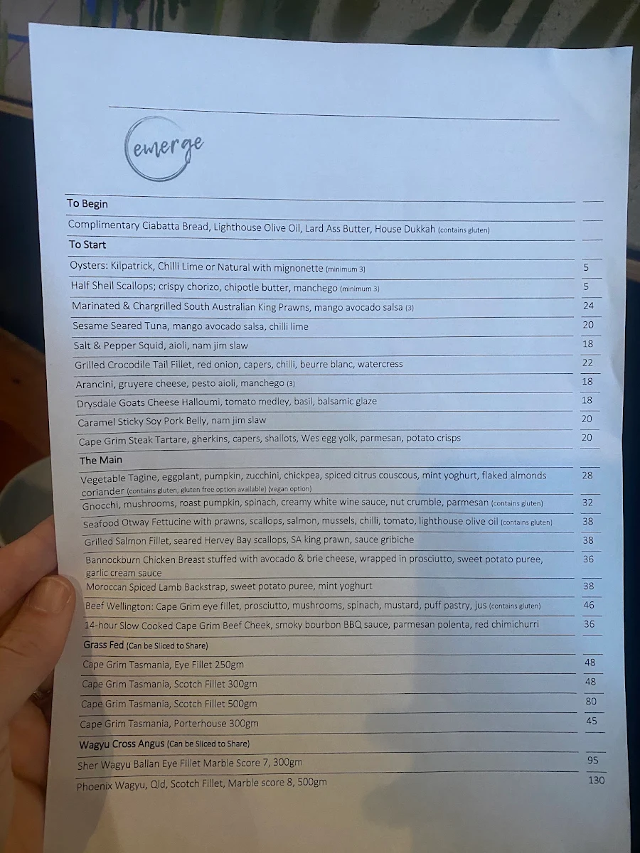 Menu, EMERGE STEAKHOUSE