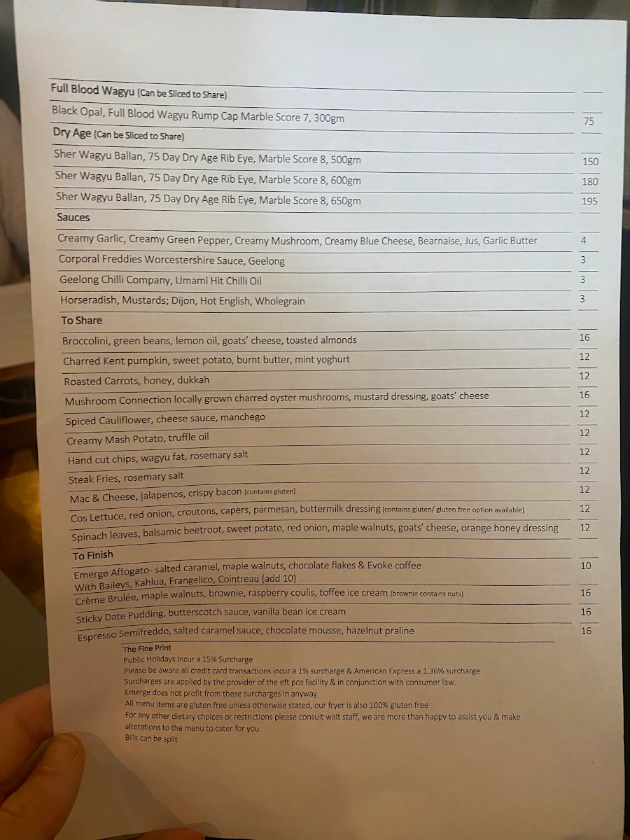 Menu, EMERGE STEAKHOUSE