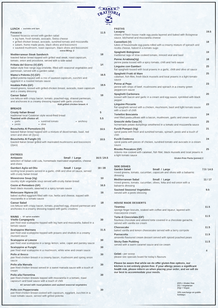 Menu, Mama's Trattoria