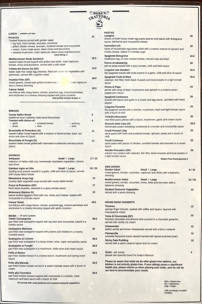 Menu, Mama's Trattoria