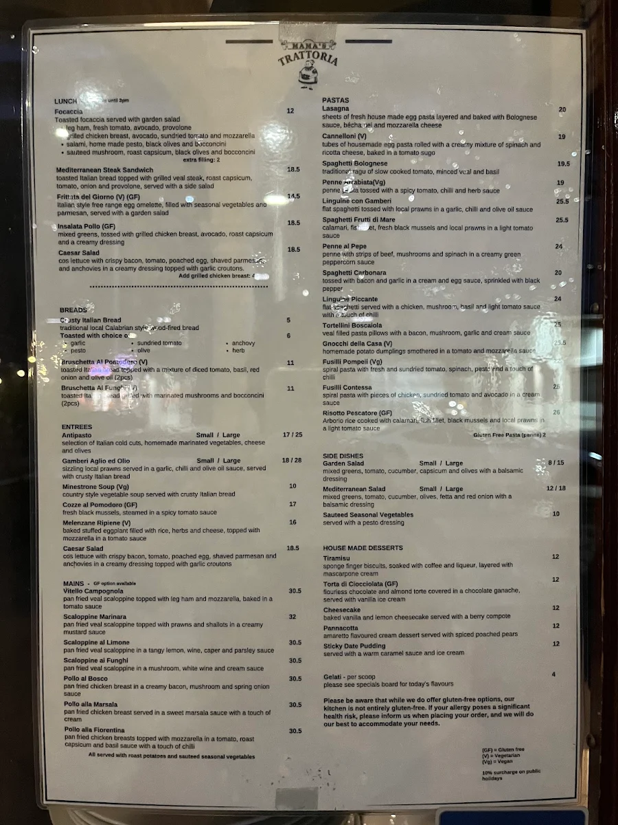 Menu, Mama's Trattoria