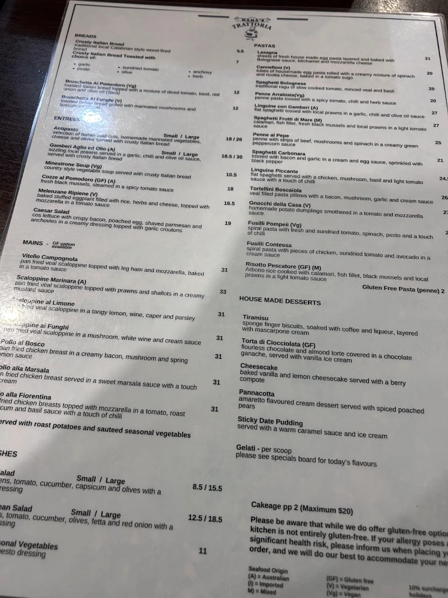Menu, Mama's Trattoria