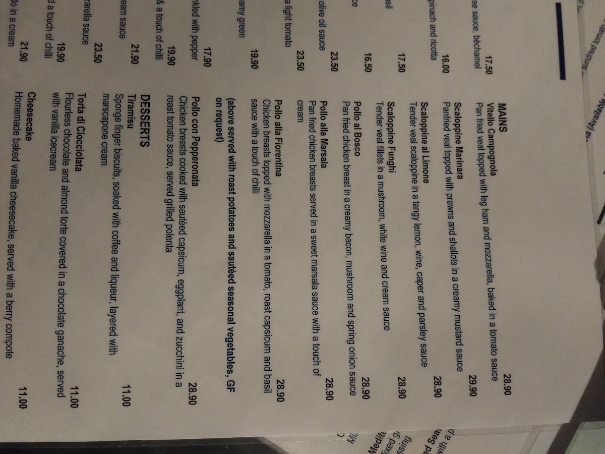 Menu, Mama's Trattoria