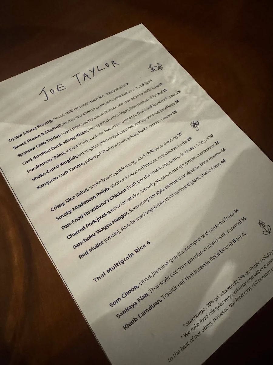 Menu, Joe Taylor