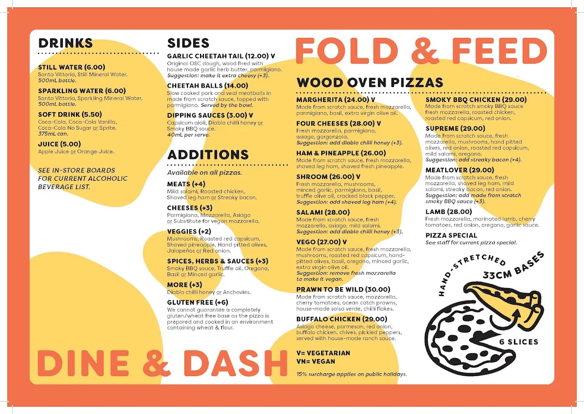 Menu, One Sneaky Cheetah - Melrose Park