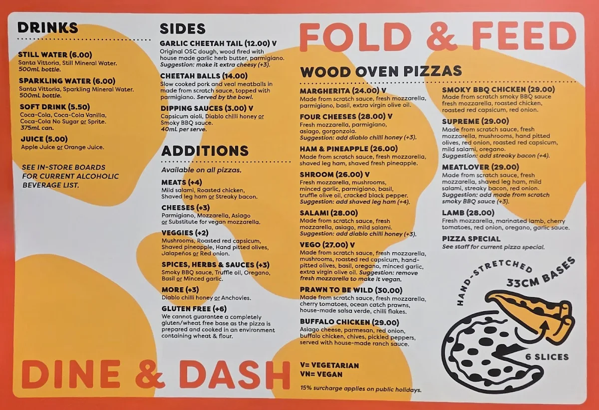 Menu, One Sneaky Cheetah - Melrose Park