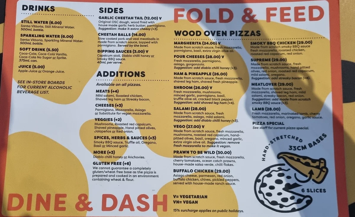 Menu, One Sneaky Cheetah - Melrose Park