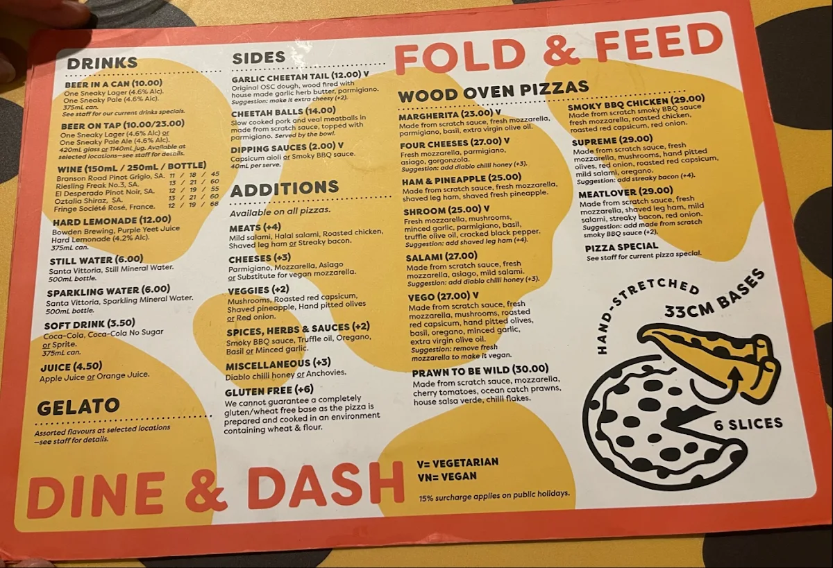 Menu, One Sneaky Cheetah - Melrose Park