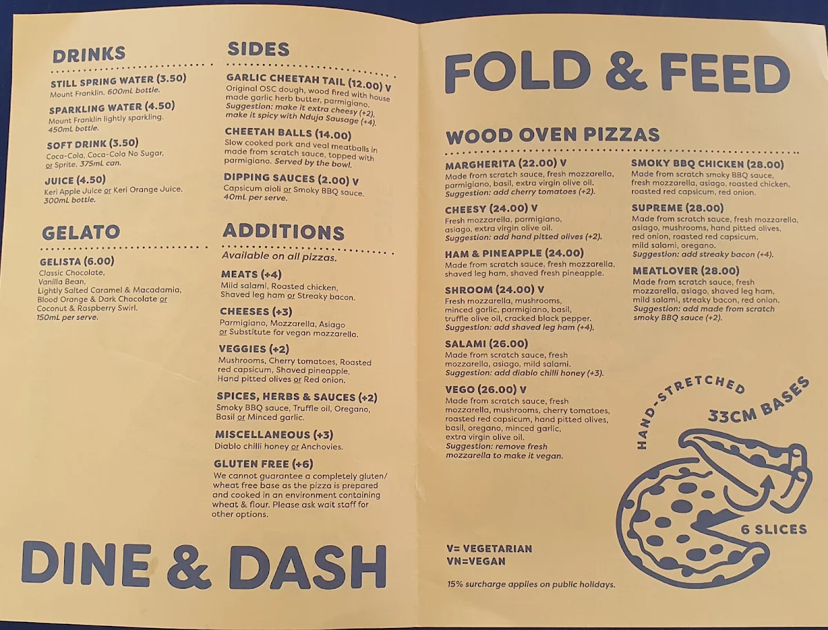 Menu, One Sneaky Cheetah - Melrose Park