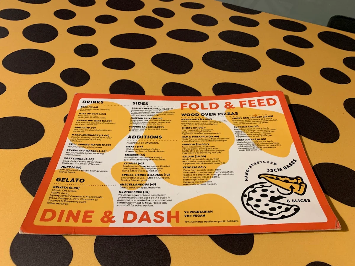 Menu, One Sneaky Cheetah - Melrose Park