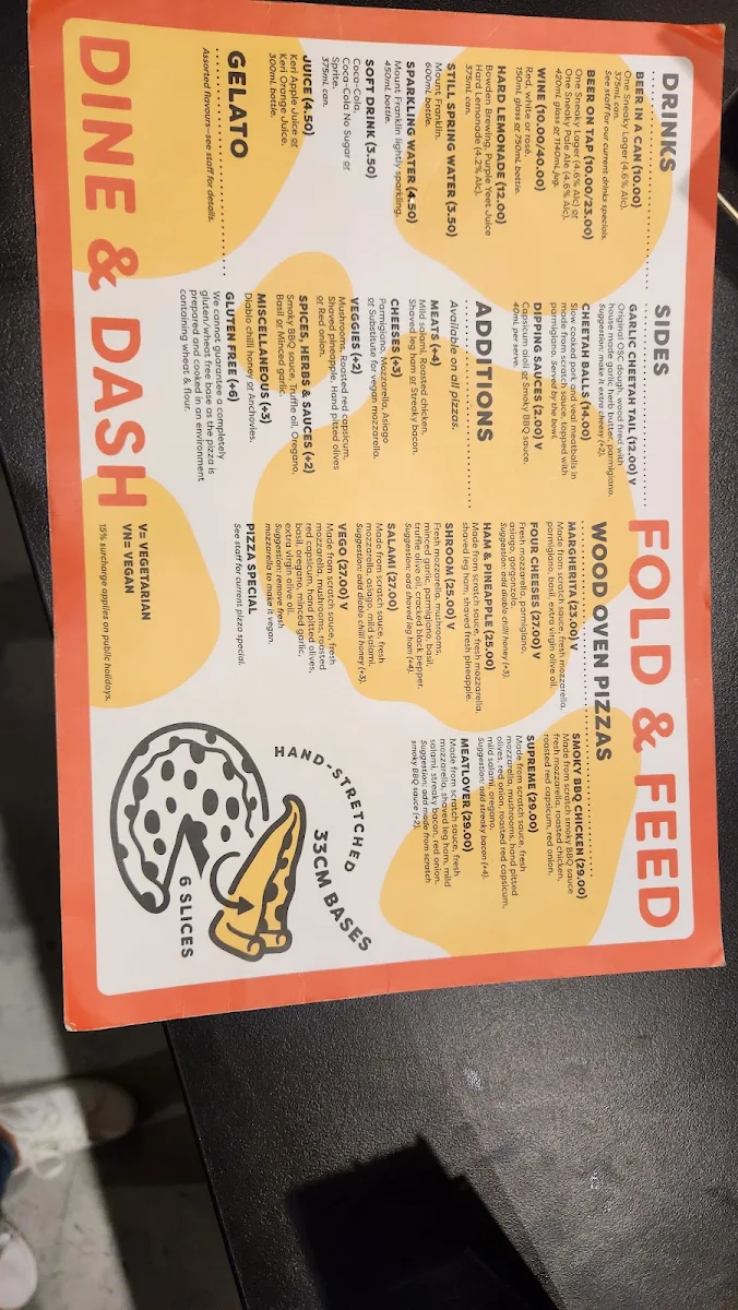 Menu, One Sneaky Cheetah - Melrose Park